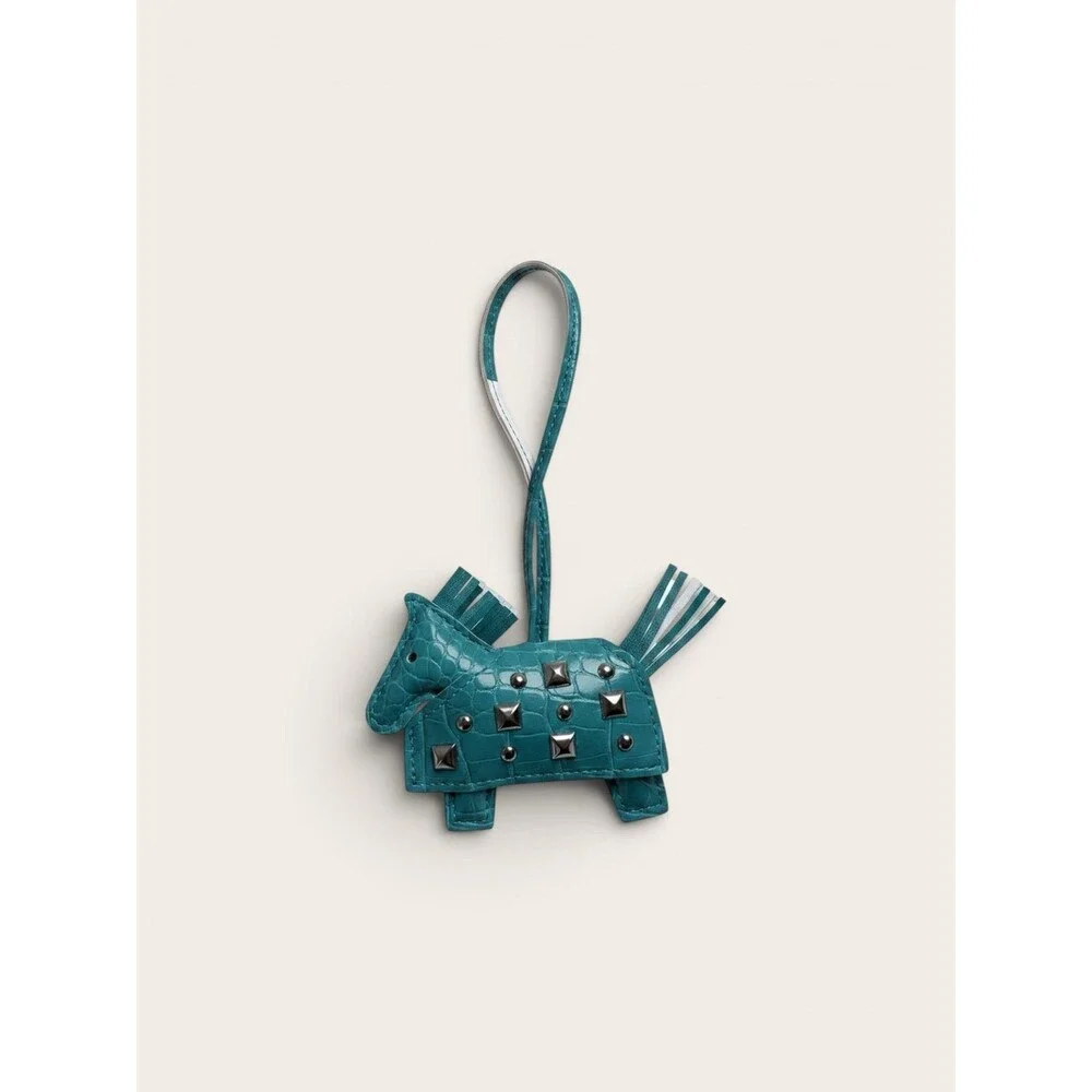 Warhorse bag charm in Green- embossed with silver studs